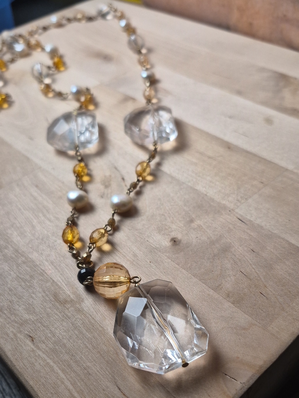 Clear Crystal Pendant Necklace with Gold and Amber Beads - Women Jewelry
